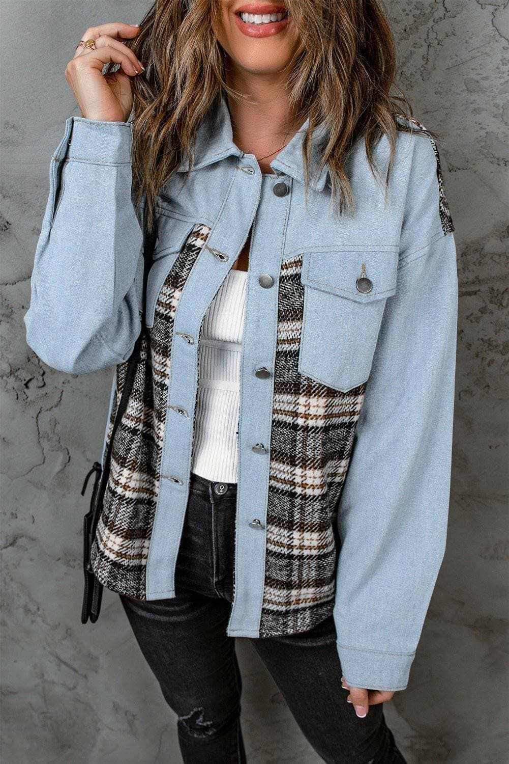 Chic plaid pocket denim jacket with functional front buttons and stylish pockets