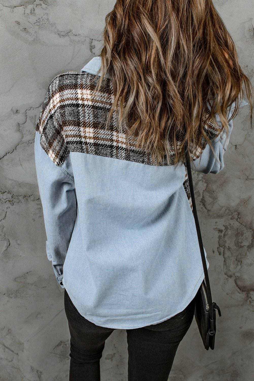Plaid pocket denim jacket - stylish, versatile - Love Salve 