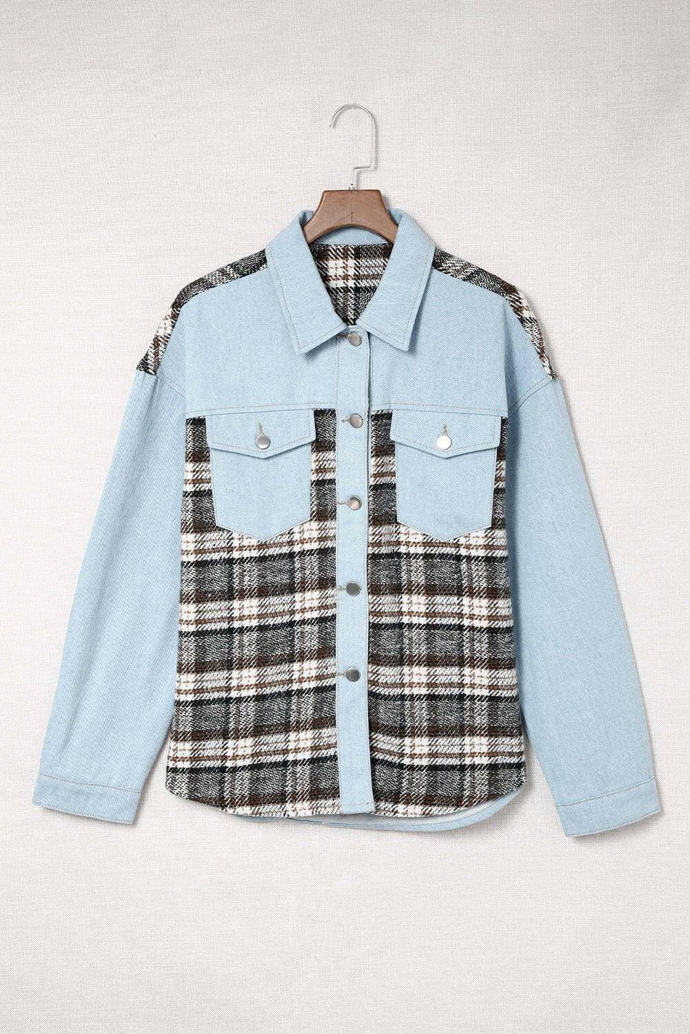 Chic plaid pocket denim jacket with functional front buttons and stylish pockets