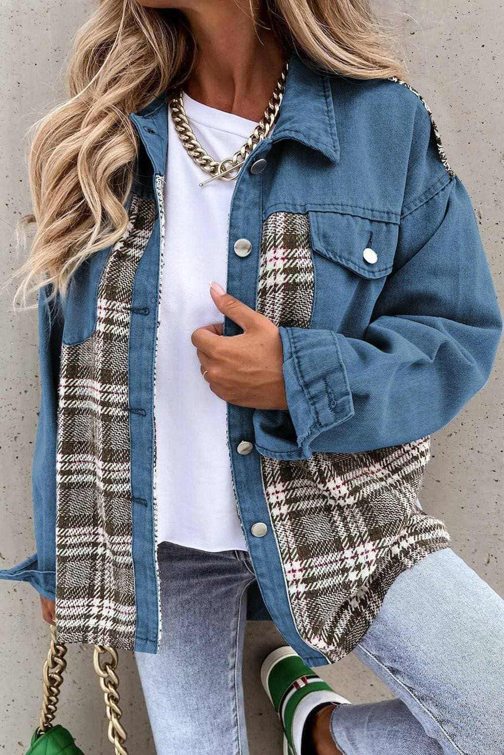 Plaid pocket denim jacket - stylish, versatile - Love Salve 