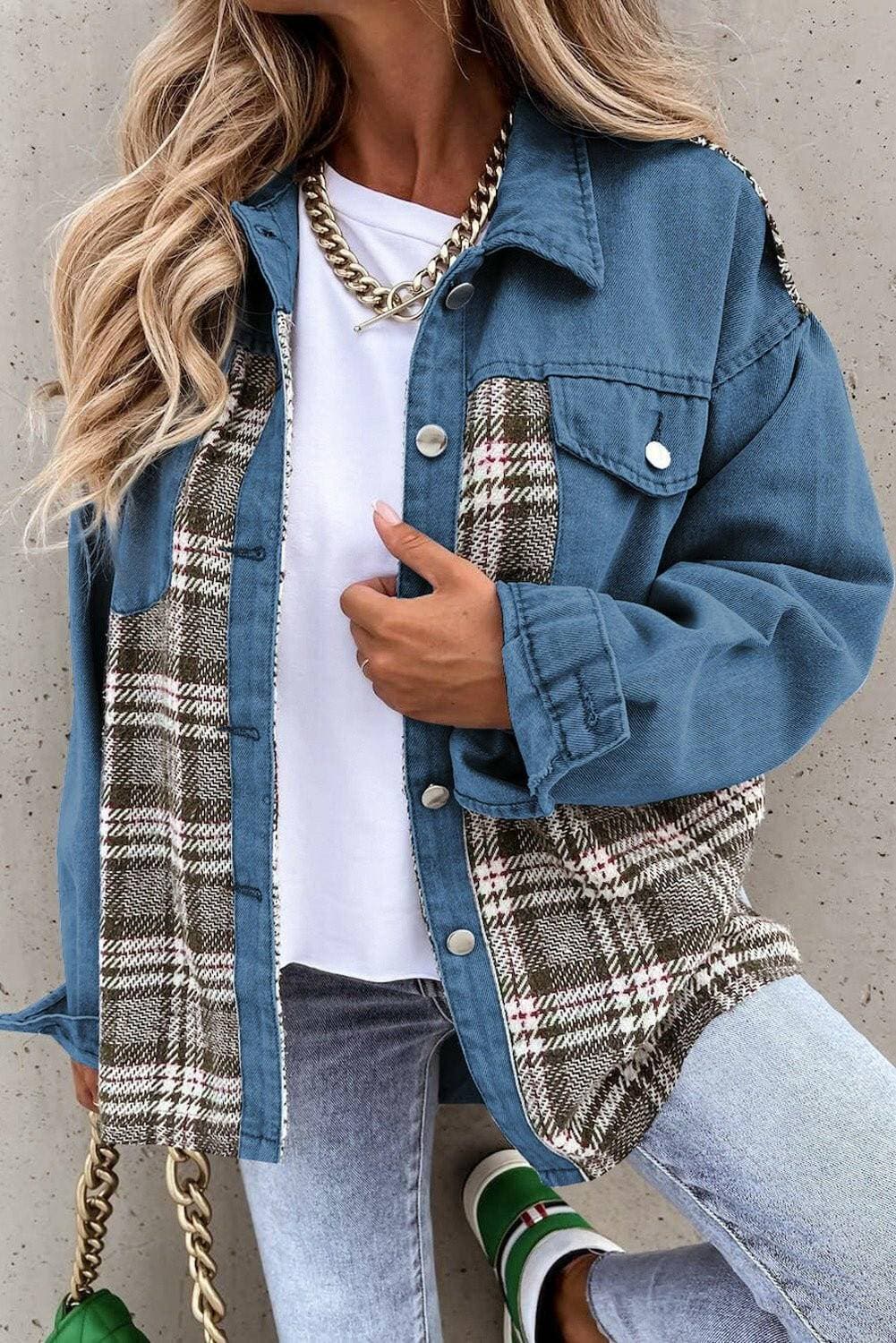 Chic plaid pocket denim jacket with functional front buttons and stylish pockets