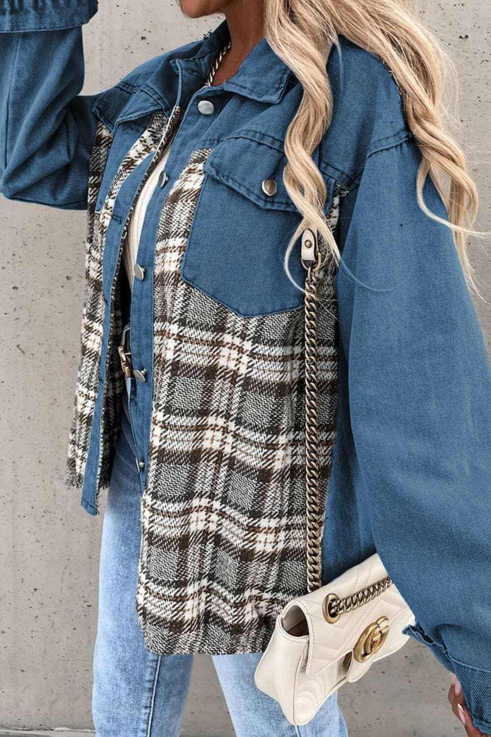 Plaid pocket denim jacket - stylish, versatile - Love Salve 