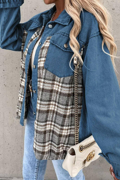 Chic plaid pocket denim jacket with functional front buttons and stylish pockets