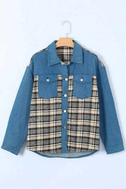 Chic plaid pocket denim jacket with functional front buttons and stylish pockets