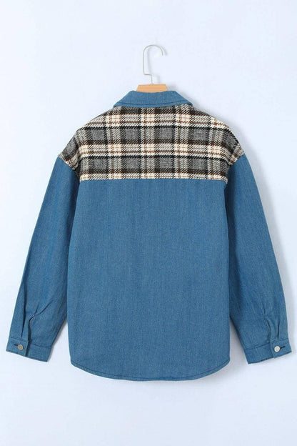 Chic plaid pocket denim jacket with functional front buttons and stylish pockets