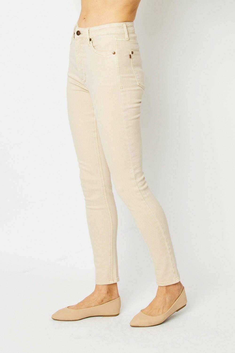 Sculpted Judy Blue tummy control skinny jeans with vibrant color wash