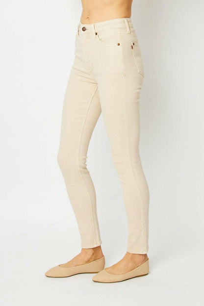 Sculpted Judy Blue tummy control skinny jeans with vibrant color wash