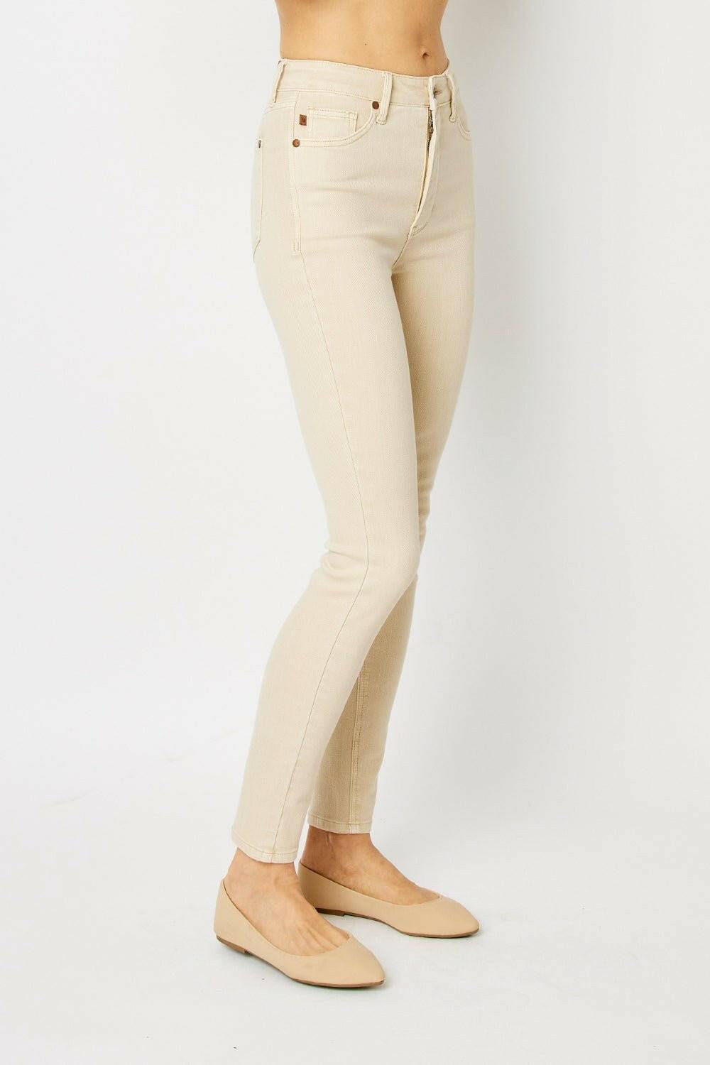 Sculpted Judy Blue tummy control skinny jeans with vibrant color wash