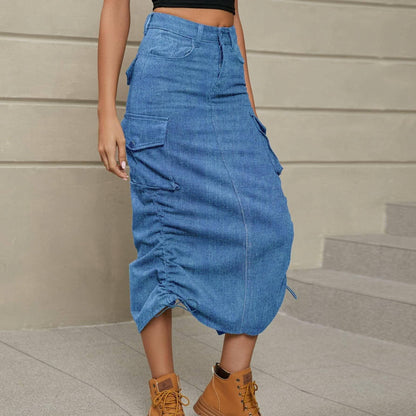 Ruched denim skirt with slit detail 