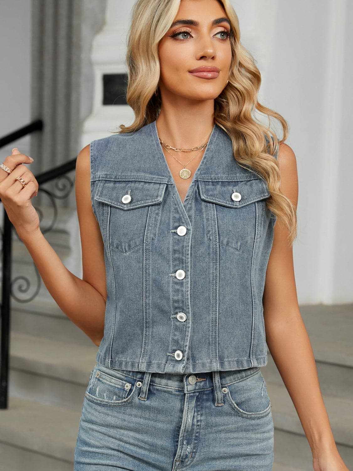 V-neck denim vest with buttons - Love Salve 