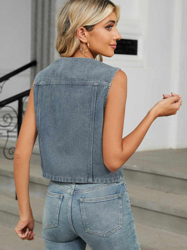 V-neck denim vest with buttons - Love Salve 