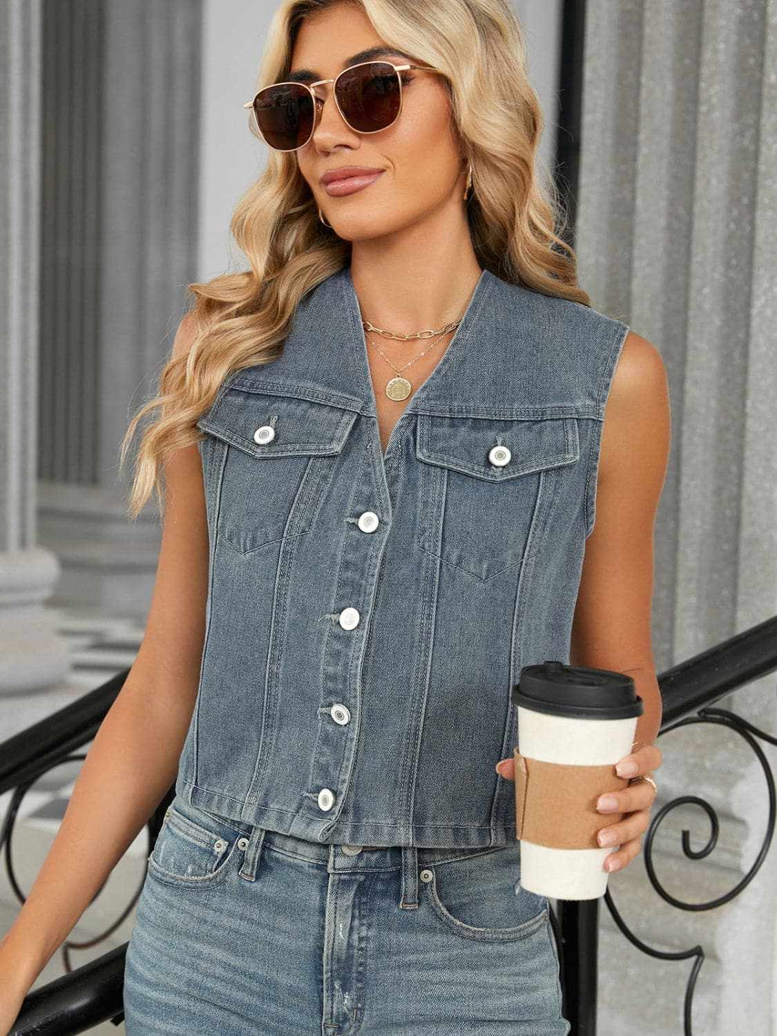 V-neck denim vest with buttons - Love Salve 