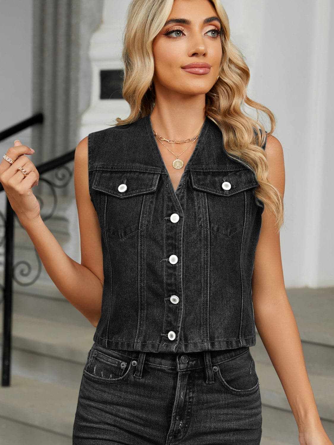 V-neck denim vest with buttons - Love Salve 
