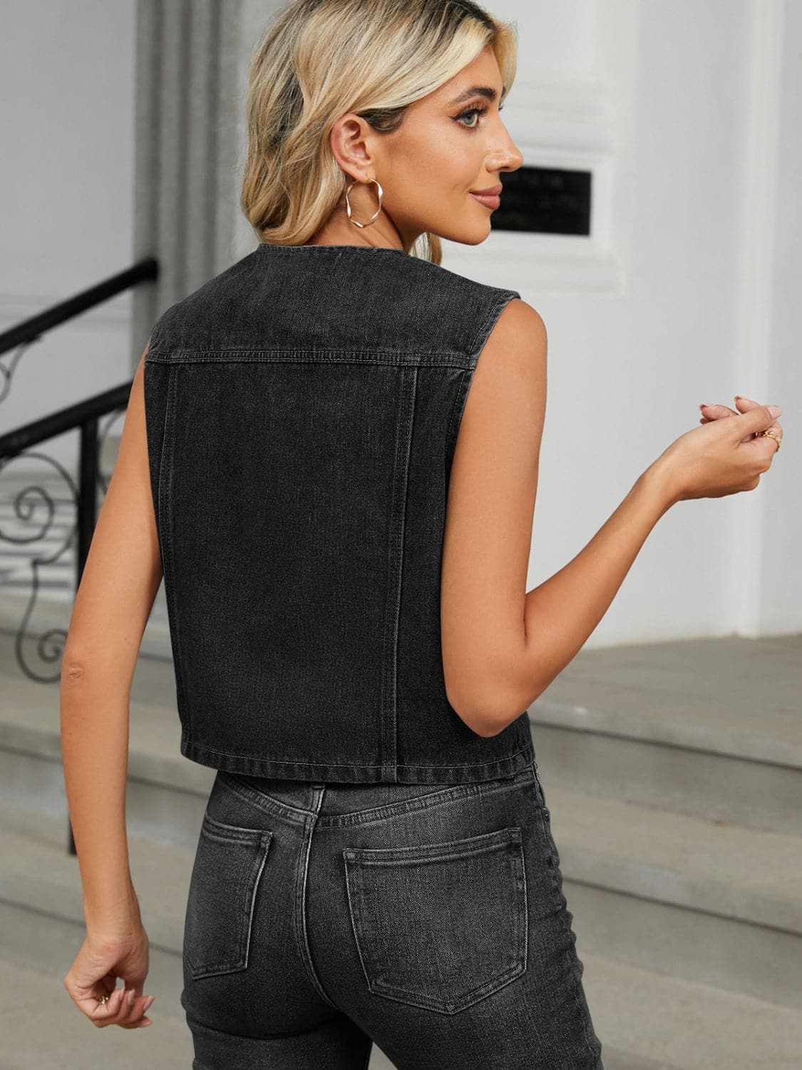 V-neck denim vest with buttons - Love Salve 