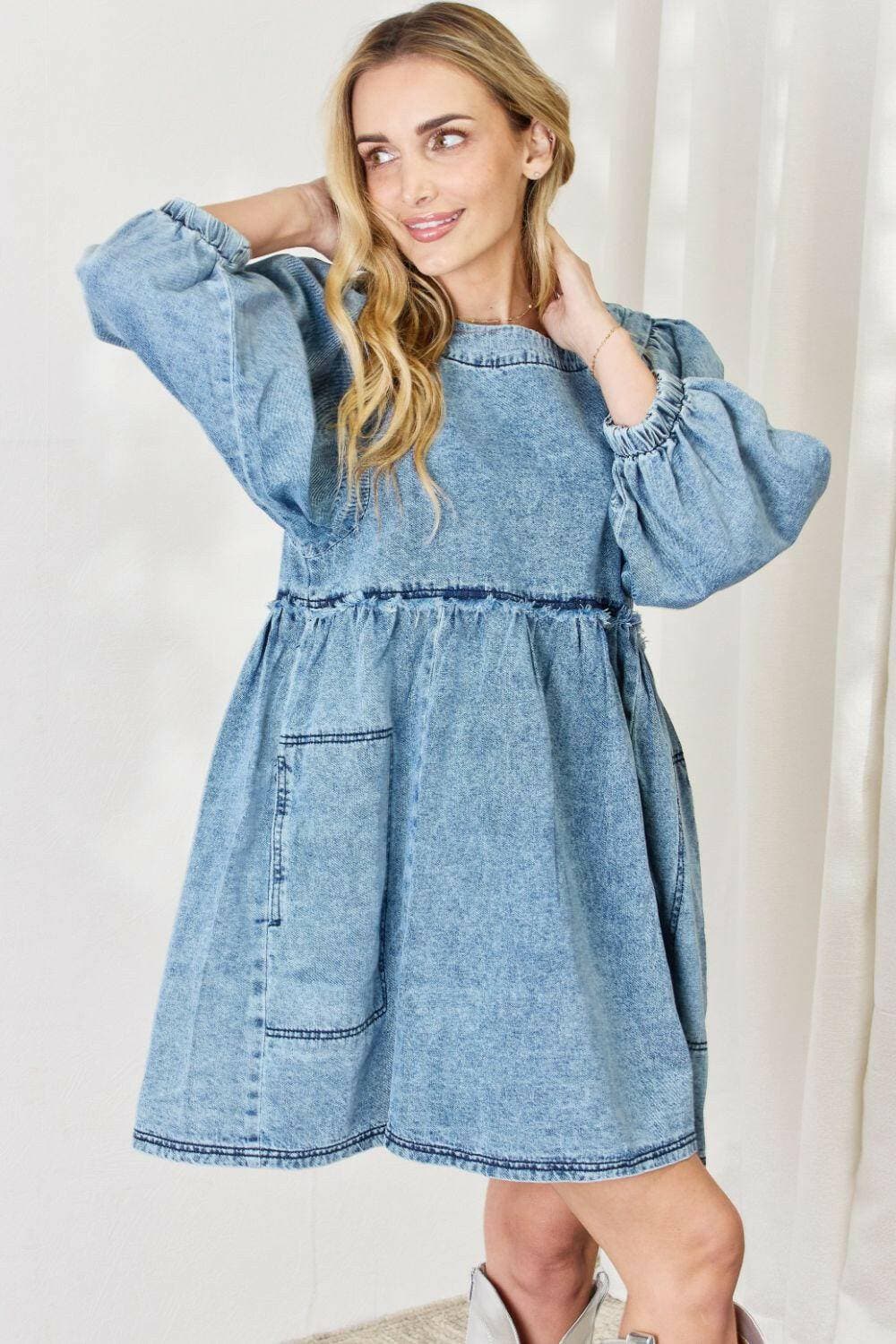 Chic Oversized Denim Babydoll Dress with Stylish Balloon Sleeves