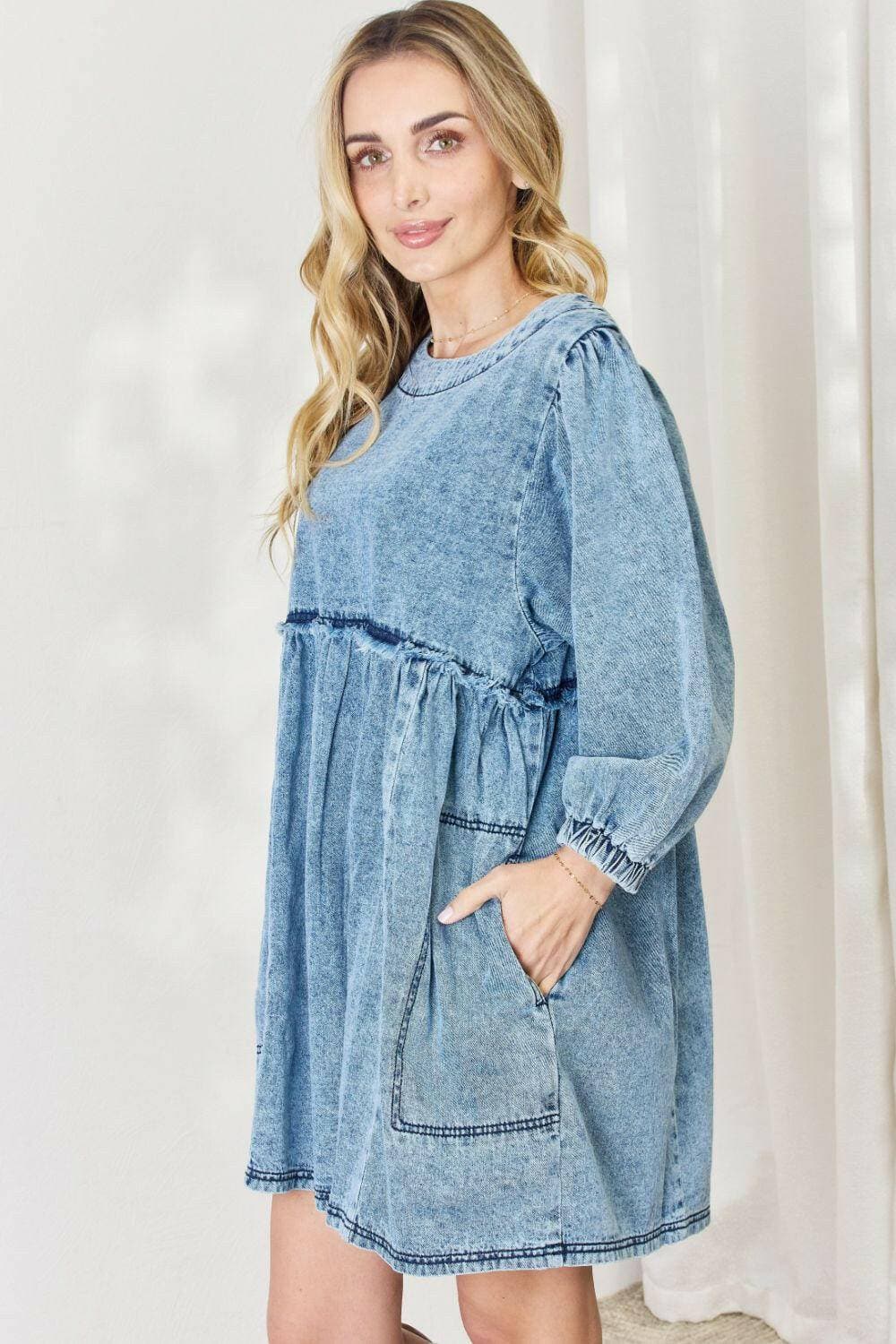 Chic Oversized Denim Babydoll Dress with Stylish Balloon Sleeves