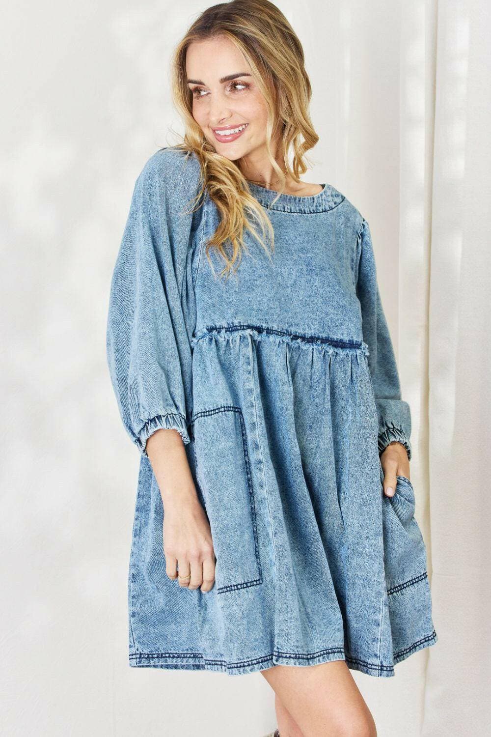 Chic Oversized Denim Babydoll Dress with Stylish Balloon Sleeves