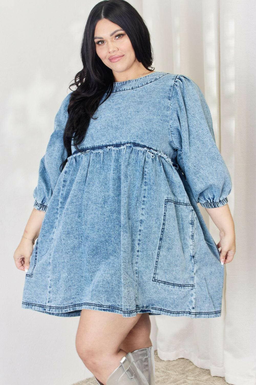 Chic Oversized Denim Babydoll Dress with Stylish Balloon Sleeves