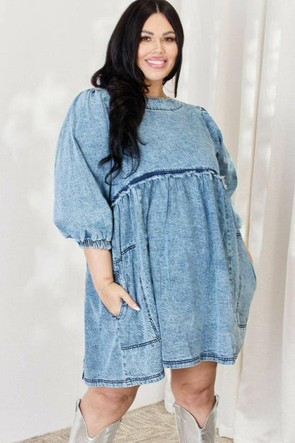 Chic Oversized Denim Babydoll Dress with Stylish Balloon Sleeves