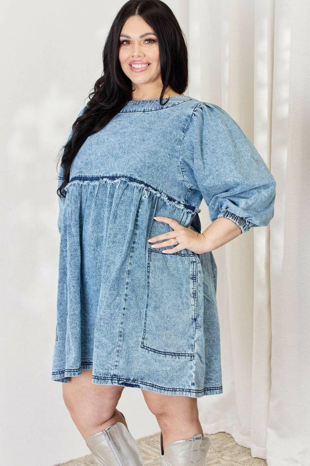 Chic Oversized Denim Babydoll Dress with Stylish Balloon Sleeves