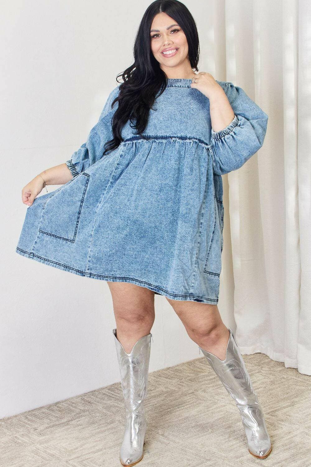 Chic Oversized Denim Babydoll Dress with Stylish Balloon Sleeves