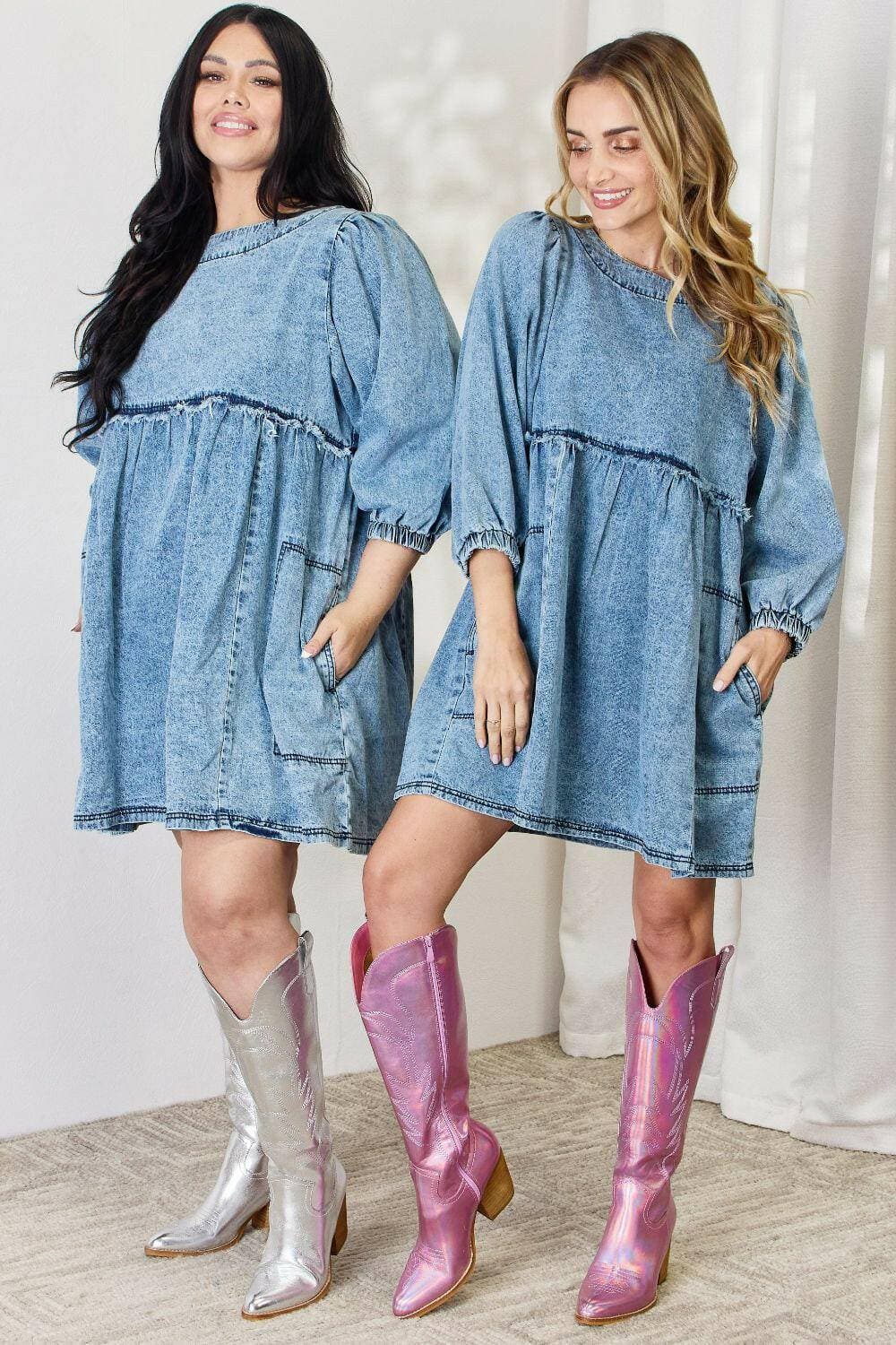 Chic Oversized Denim Babydoll Dress with Stylish Balloon Sleeves