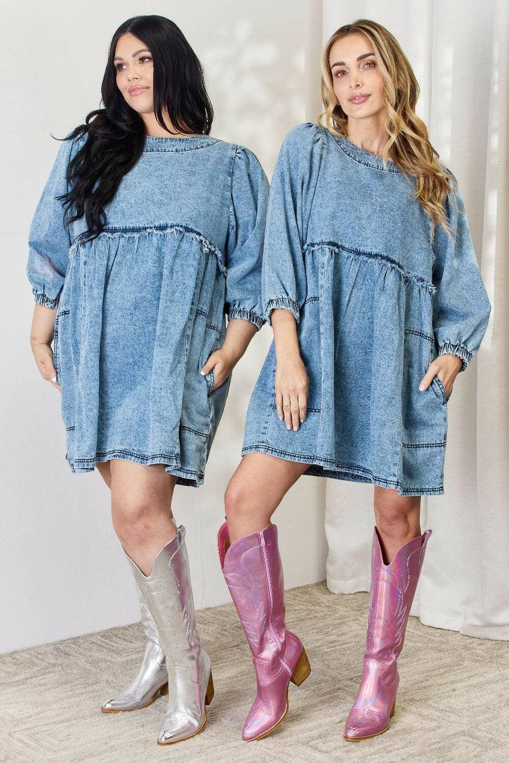 Chic Oversized Denim Babydoll Dress with Stylish Balloon Sleeves