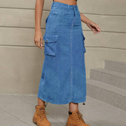 Stylish ruched denim skirt with adjustable waist and chic slit detail