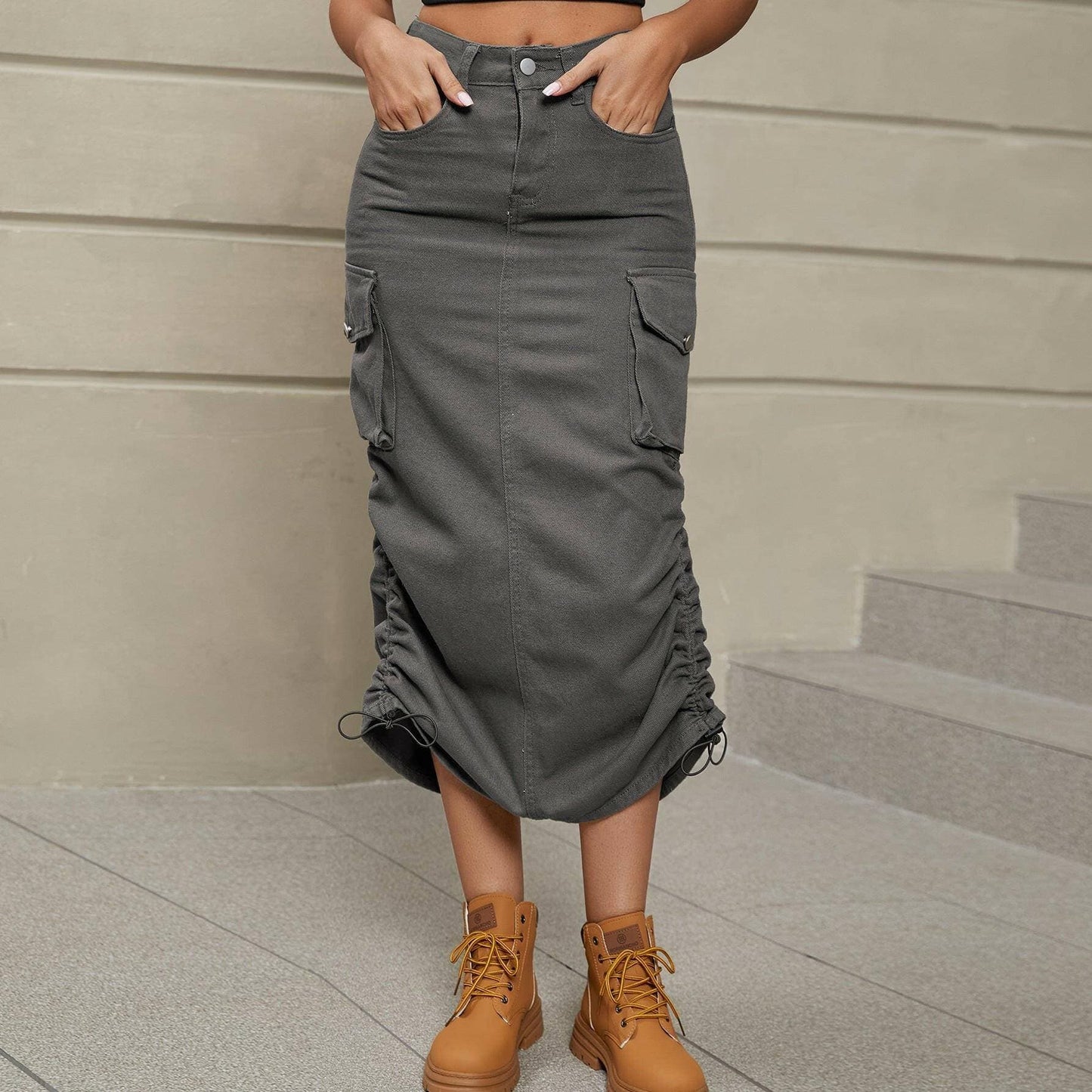 Stylish ruched denim skirt with adjustable waist and chic slit detail