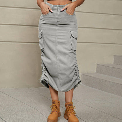 Stylish ruched denim skirt with adjustable waist and chic slit detail