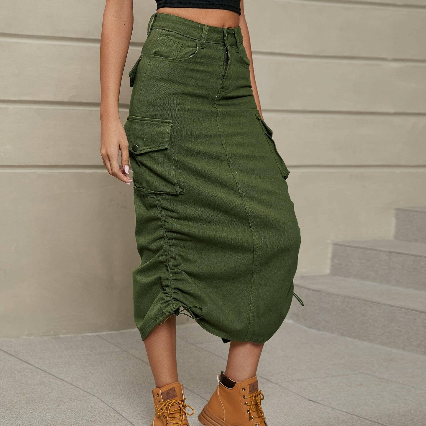 Ruched denim skirt with slit detail