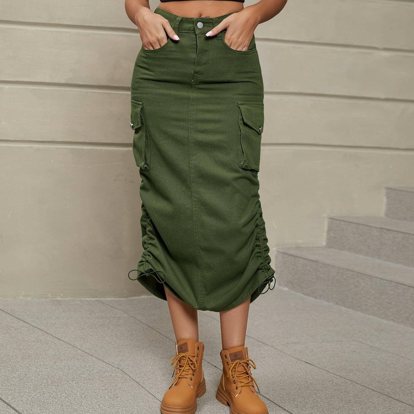 Ruched denim skirt with slit detail