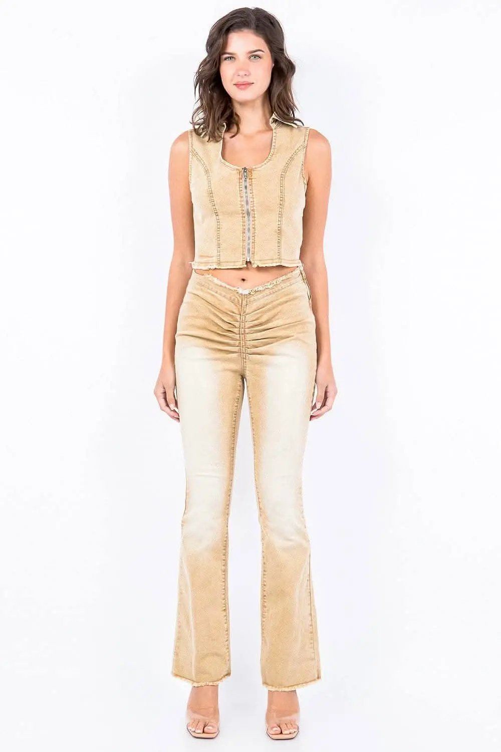 V-cut ruched mid flare pants - Love Salve 