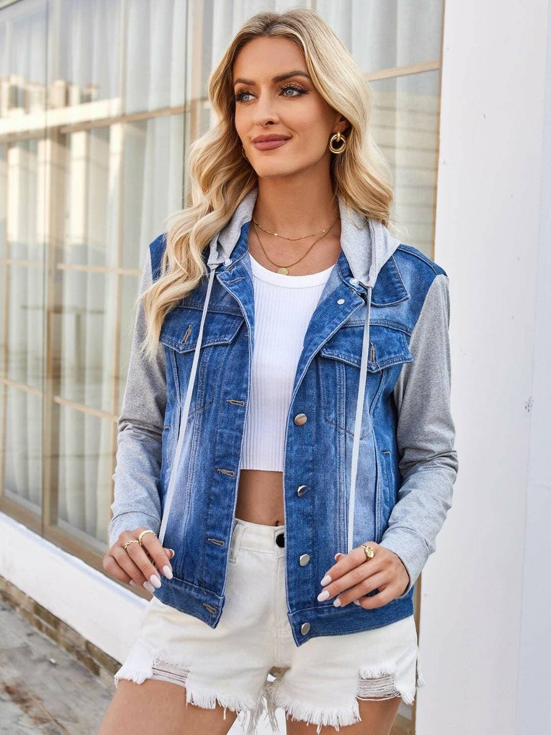 Convertible Hooded Denim Jacket with Multiple Pockets and Versatile Design - Love Salve 