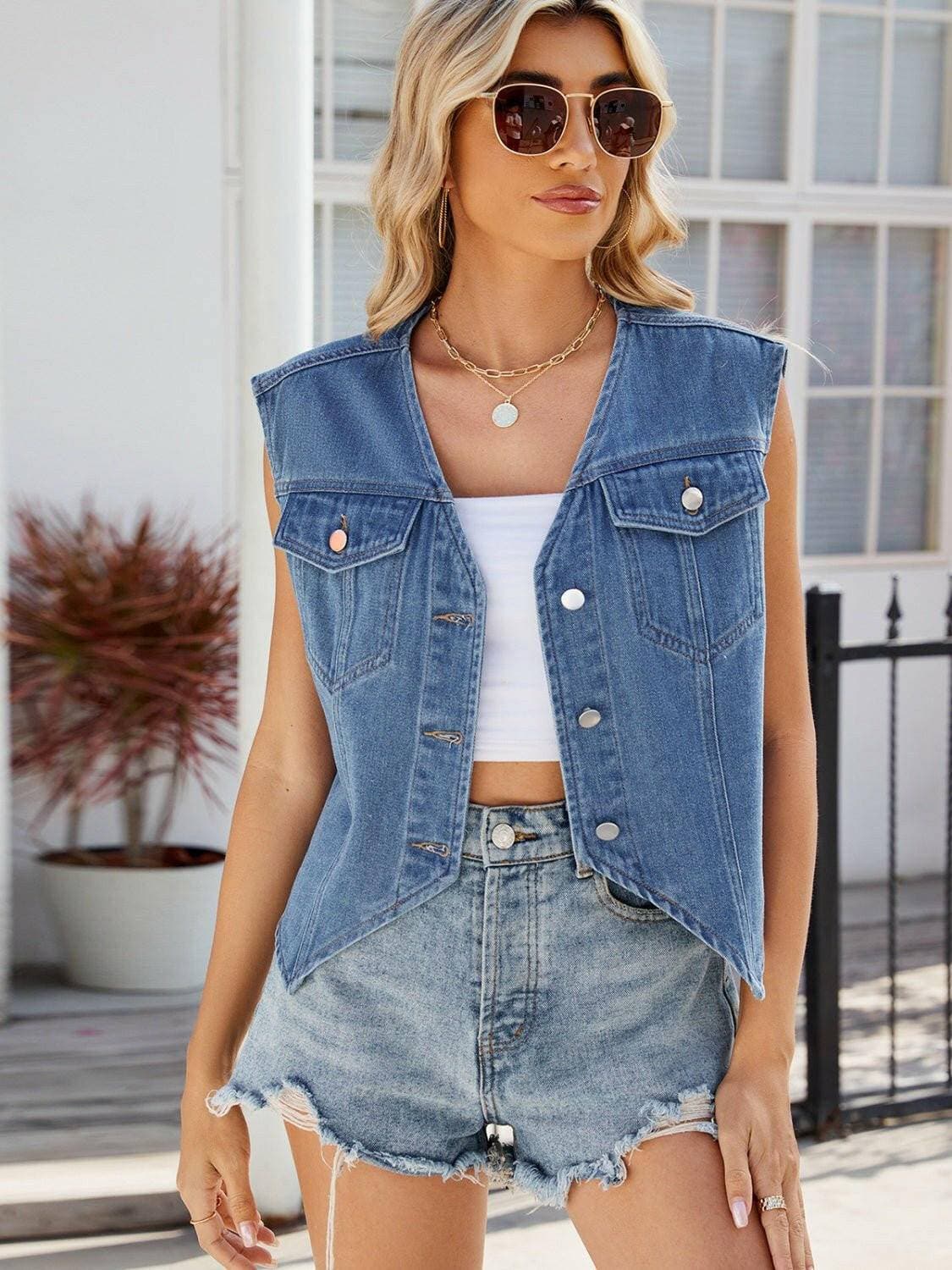 Chic sleeveless denim vest with button front and practical pockets