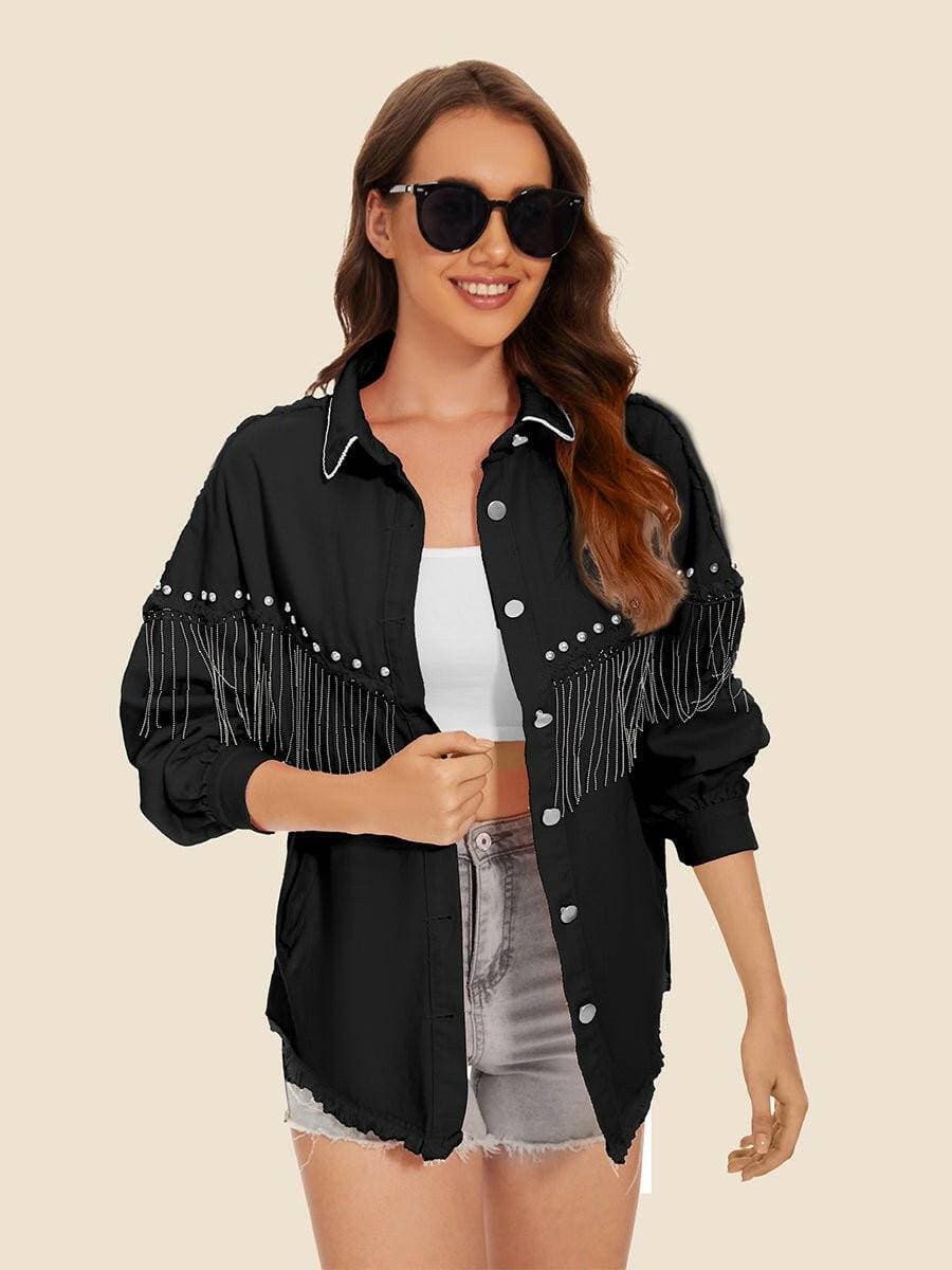 Frayed Edge Denim Coat with Embellished DetailsUpgrade Your Style
Elevate your wardrobe with our Frayed Edge Denim Coat with Embellished Details, a perfect blend of fashion and comfort that sets you apart from thLove Salve Frayed Edge Denim Coatjeans