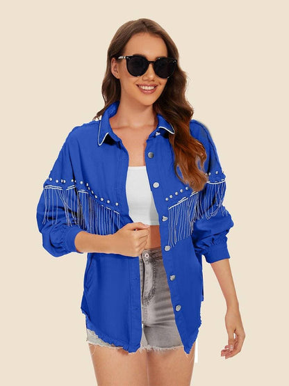 Frayed Edge Denim Coat with Embellished DetailsUpgrade Your Style
Elevate your wardrobe with our Frayed Edge Denim Coat with Embellished Details, a perfect blend of fashion and comfort that sets you apart from thLove Salve Frayed Edge Denim Coatjeans