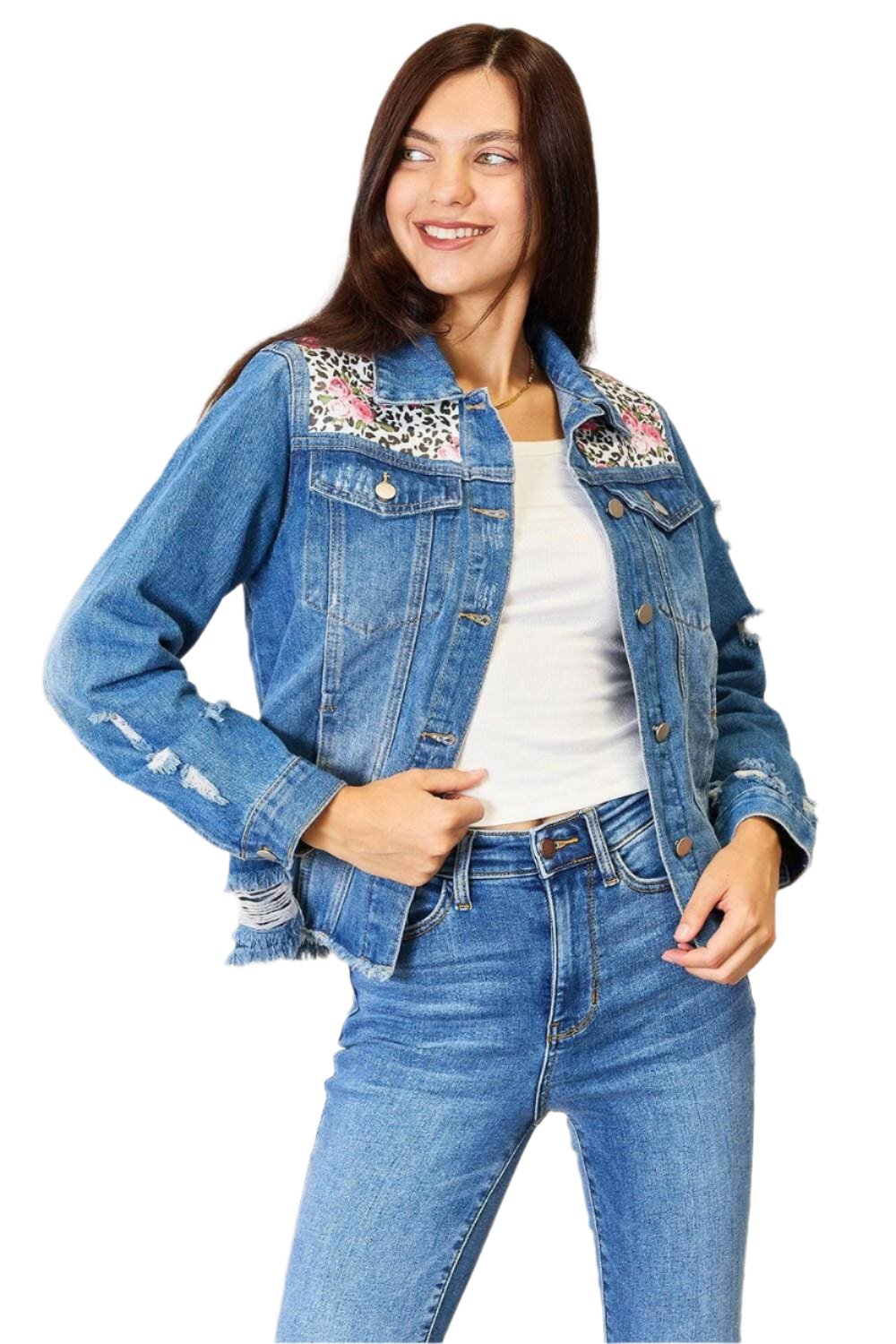 Leopard floral fusion distressed denim jacket with frayed edges