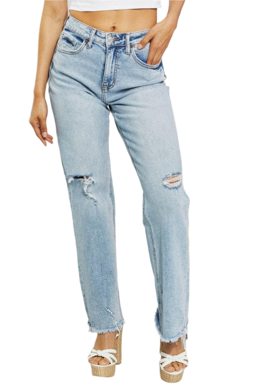 Jeans „Retro Vibes“ in heller Waschung und geradem Schnitt mit Distressed-Details