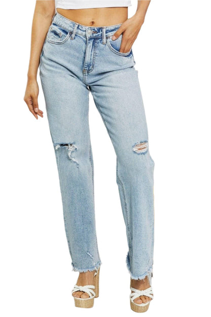 Nostalgic 90's light wash straight leg jeans with distressed details