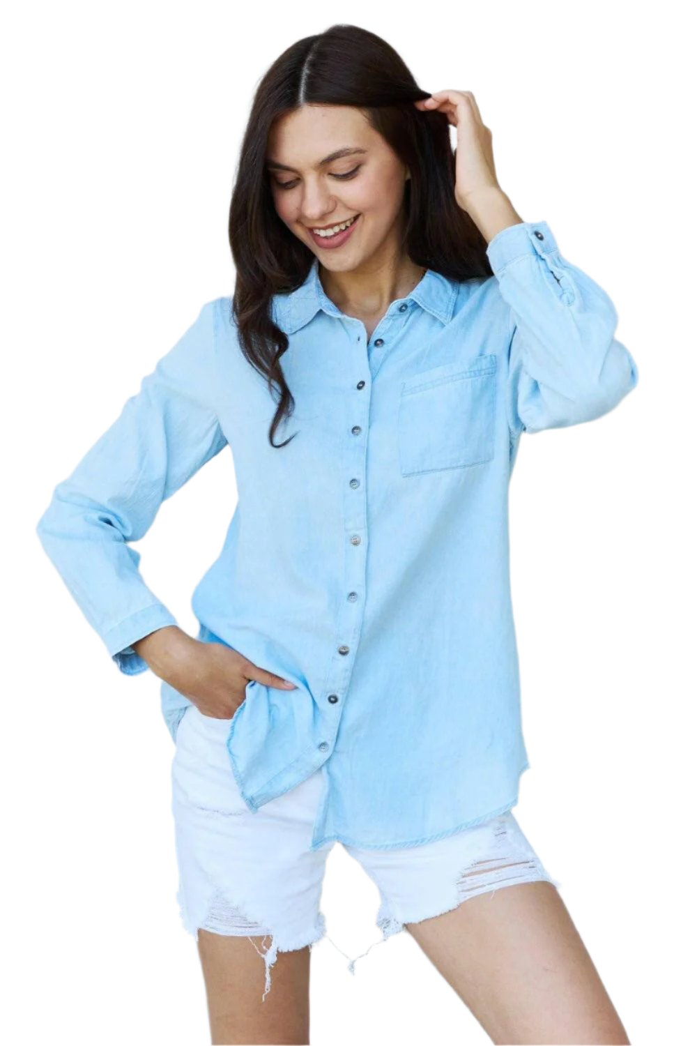 Blue Bliss Denim Chambray Button-Up Shirt - Light Blue - Stylish and CStylish and Comfortable Choice

Experience the ultimate blend of style and comfort with the Blue Bliss Denim Chambray Button-Up Shirt. This light blue shirt is more Love Salve Blue Bliss Denim Chambray Button-jeans