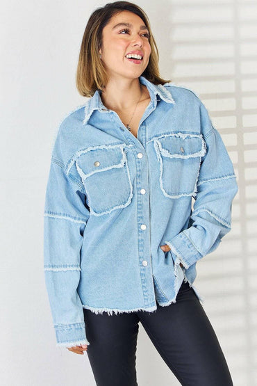 Chic oversized denim top with trendy raw hem