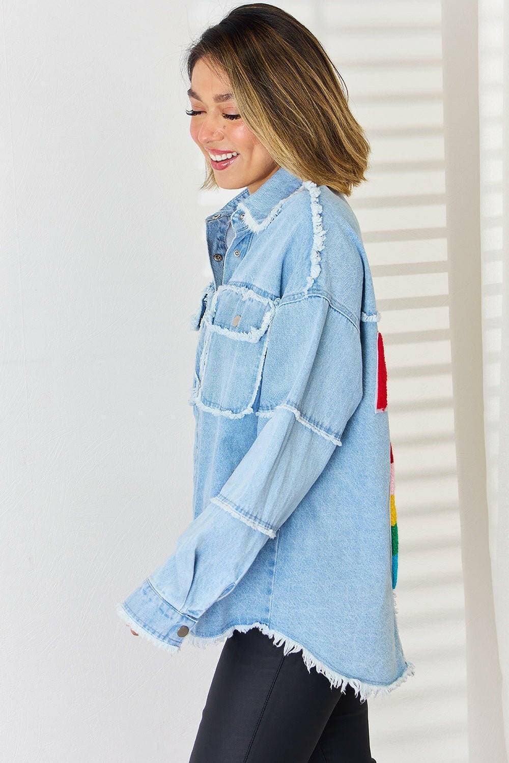 Chic oversized denim top with trendy raw hem