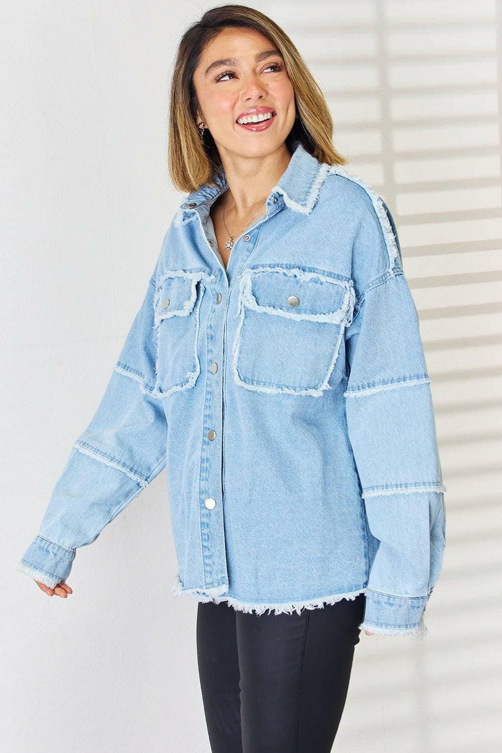 Chic oversized denim top with trendy raw hem