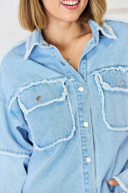 Chic oversized denim top with trendy raw hem