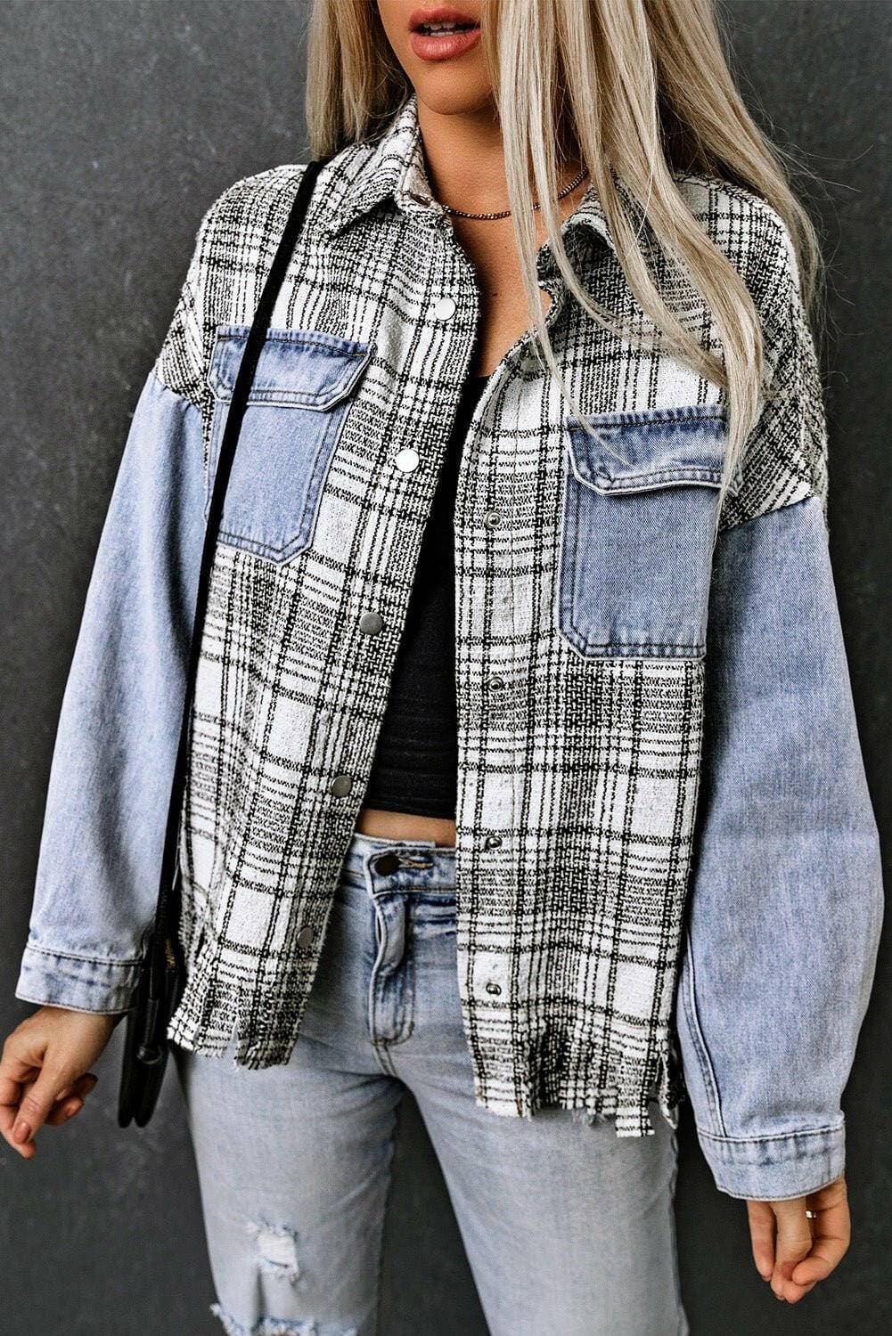 Plaid denim jacket with snap closure and fringe detailing