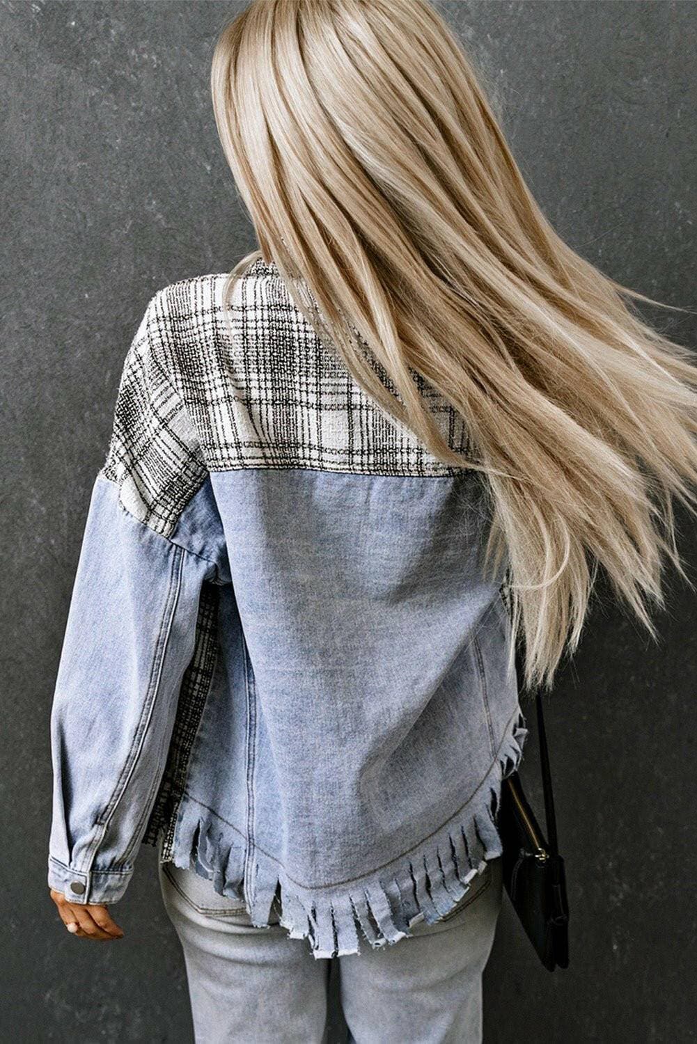 Plaid denim jacket with snap closure and fringe detailing