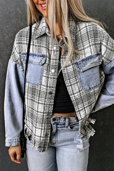 Plaid denim jacket with fringe details