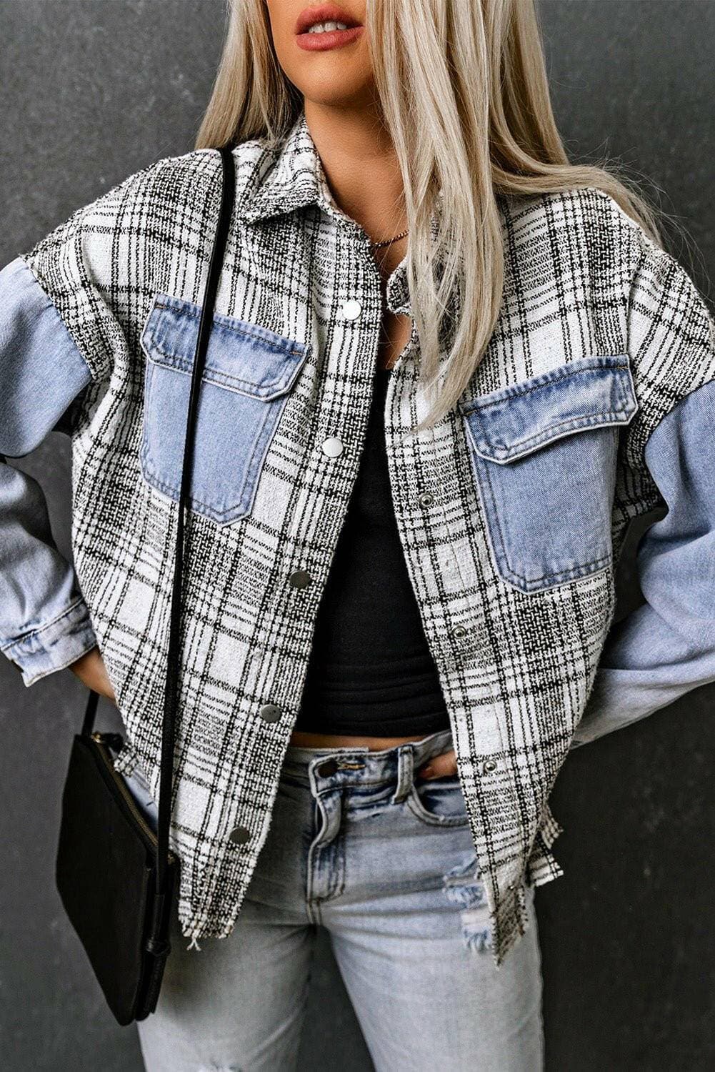 Plaid denim jacket with snap closure and fringe detailing