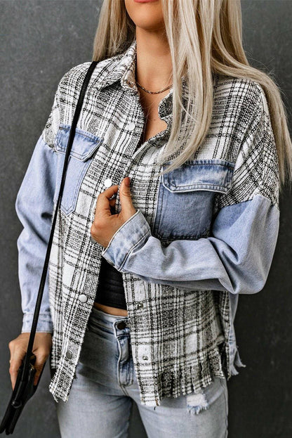 Plaid denim jacket with snap closure and fringe detailing